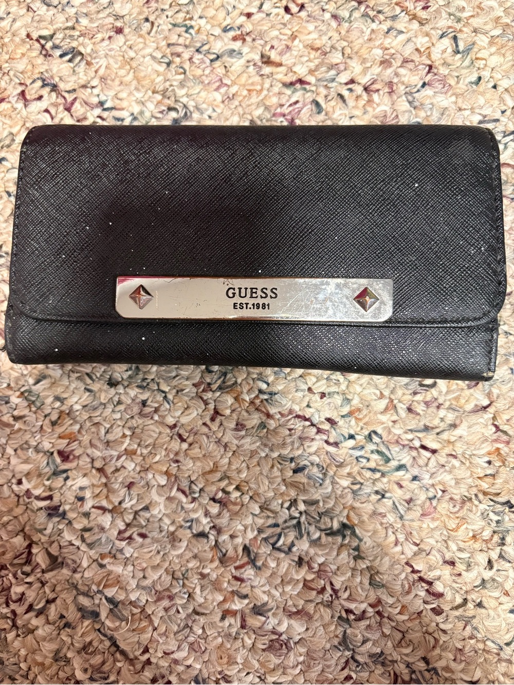 GUESS Black Saffiano-Style Flap Wallet with Silver Plaque